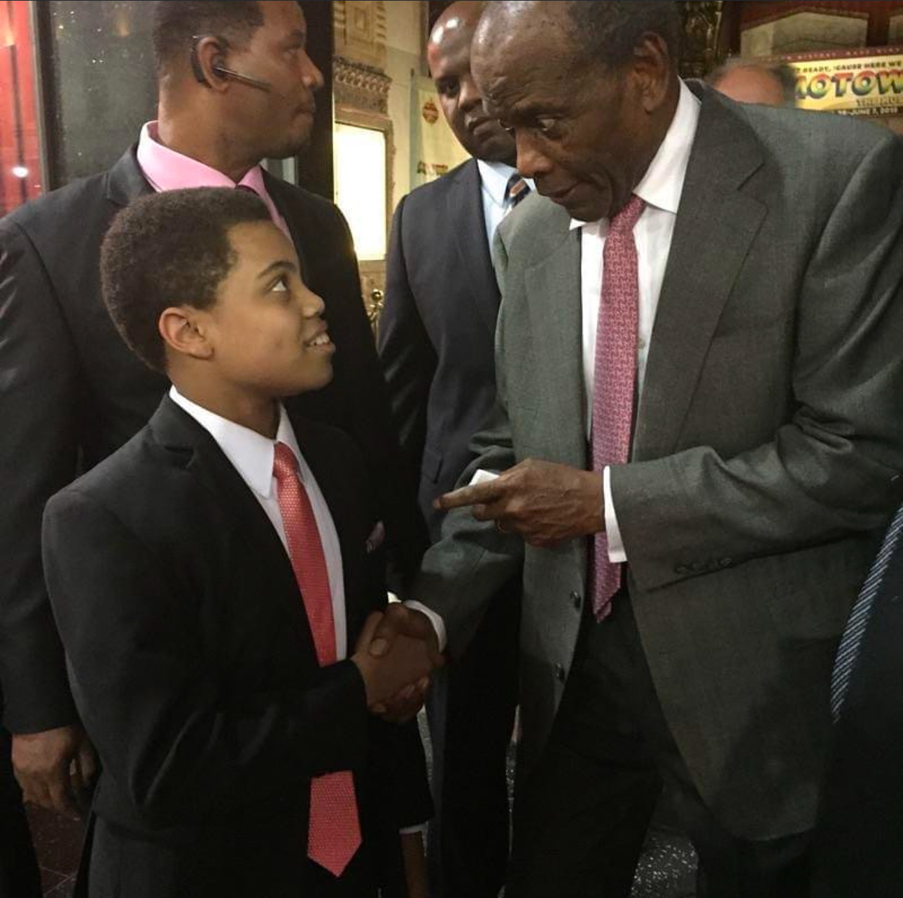 Young Reed Shannon during a 2015 encounter with Sidney Poitier in Hollywood while performing in Motown The Musical.